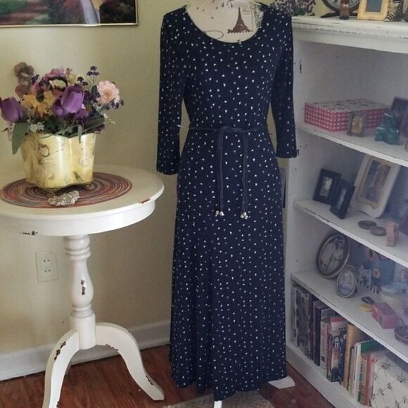 Nina Leonard Dresses & Skirts - Nina Leonard S Jersey Crew Neck Quarter Sleeve Midi Dress Navy White Lilac Print